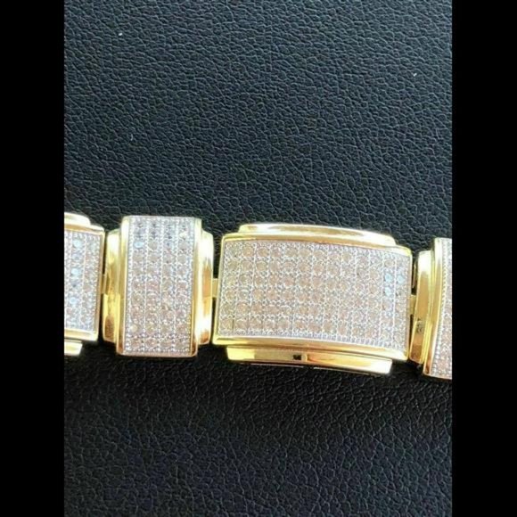 Mens Custom Bracelet 14k Yellow Gold Plated Solid 925 Silver Simulated Diamonds - Picture 9 of 10